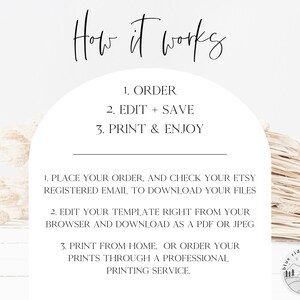 May include: A white background with text that reads "How it works" and a list of steps: 1. Order, 2. Edit + Save, 3. Print & Enjoy. Below the list of steps, there is a description of how to use the product: 1. Place your order, and check your Etsy registered email to download your files. 2. Edit your template right from your browser and download as a PDF or JPEG. 3. Print from home, or order your prints through a professional printing service.