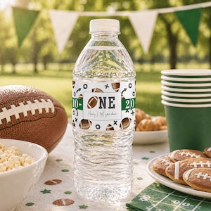 Printable Football Birthday Water Bottle Label, First Year Down, Water Bottle Sticker, Football 1st Birthday, Editable Template, A101
