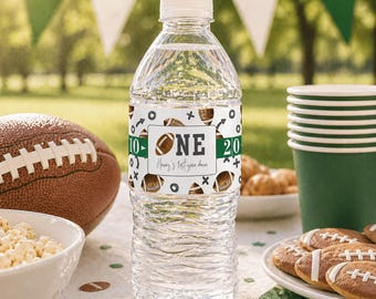 Printable Football Birthday Water Bottle Label, First Year Down, Water Bottle Sticker, Football 1st Birthday, Editable Template, A101