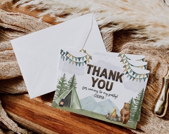 May include: Thank you card with a watercolor illustration of a campsite with a tent, campfire, and a bear. The card says "Thank You for coming to my party! -Cooper- "