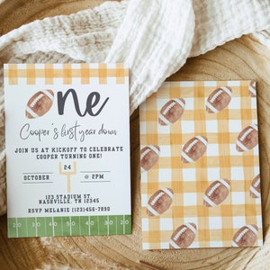 Orange Gingham First Year Down Football Invitation, Football Birthday, Football Invite, Editable Invitation, Football Theme, A112