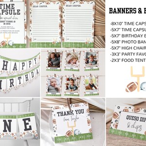 May include: Football-themed birthday party decorations, including a banner that says "Happy Birthday", a time capsule sign, a photo banner, a high chair banner, party favor tags, and a food tent. The decorations are in green, brown, and white.