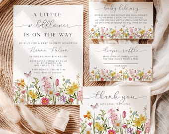 Wildflower Baby Shower Invitation Bundle, Instant Download, Editable Template, A186