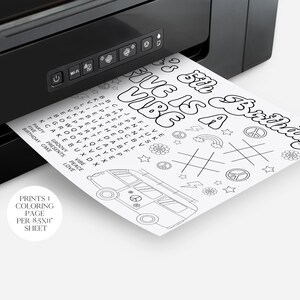 May include: A black and white printable coloring page with the text "5th Birthday Vibe is a Vibe" in a retro font. The page features a groovy van, peace signs, stars, lightning bolts, and rainbows. The text "Prints 1 Coloring Page per 8.5x11 sheet" is in the bottom left corner.
