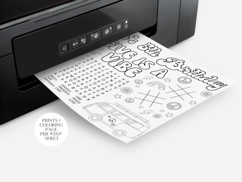 May include: A black and white printable coloring page with the text "5th Birthday Vibe is a Vibe" in a retro font. The page features a groovy van, peace signs, stars, lightning bolts, and rainbows. The text "Prints 1 Coloring Page per 8.5x11 sheet" is in the bottom left corner.