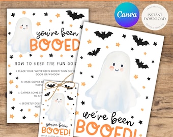 May include: Halloween-themed printable kit with ghost illustrations, bats, and stars. The kit includes signs that say "You've been BOOED!" and instructions on how to play. The kit is available as an instant download.