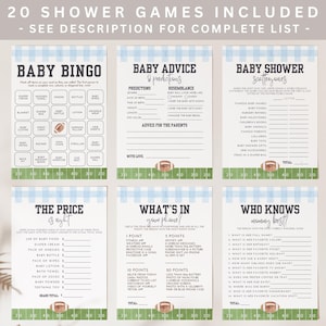 May include: A set of six baby shower game cards with a football theme. The cards include games like Baby Bingo, Baby Advice, and Who Knows Mommy Best? The background features a blue and white checkered pattern.