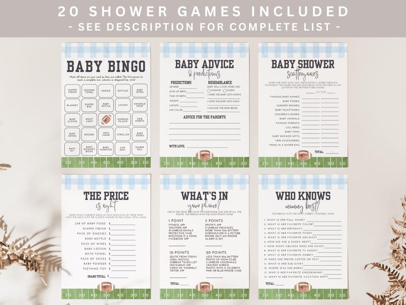 May include: A set of six baby shower game cards with a football theme. The cards include games like Baby Bingo, Baby Advice, and Who Knows Mommy Best? The background features a blue and white checkered pattern.