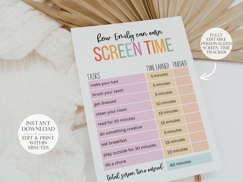 Screen time tracker for kids instant download etsy