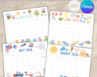 Calendario de verano infantil imprimible 2026, planificador mensual infantil, calendario imprimible, calendario infantil, plantilla de calendario, horario de verano