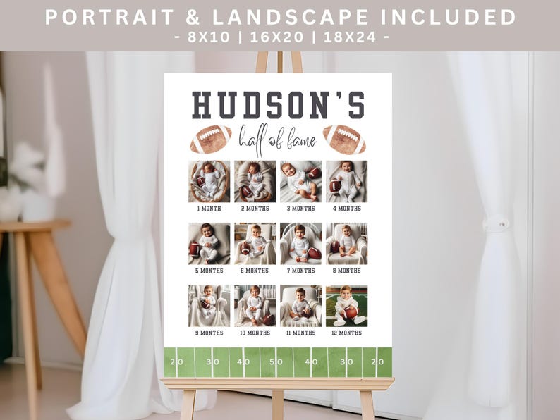 Puede incluir: Un letrero blanco sobre un caballete con el texto "HUDSON'S half of fame" y fotos de un beb&eacute; de 1 a 12 meses. El letrero tiene un tema de f&uacute;tbol con gr&aacute;ficos de f&uacute;tbol y un gr&aacute;fico de campo verde en la parte inferior.
