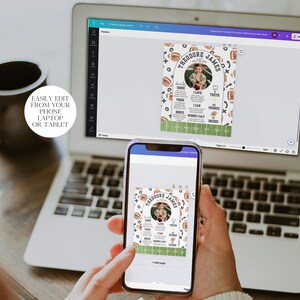 May include: A digital design template for a football-themed baby milestone card. The design features a brown and white football pattern, a photo frame, and text that says "Theodore James".