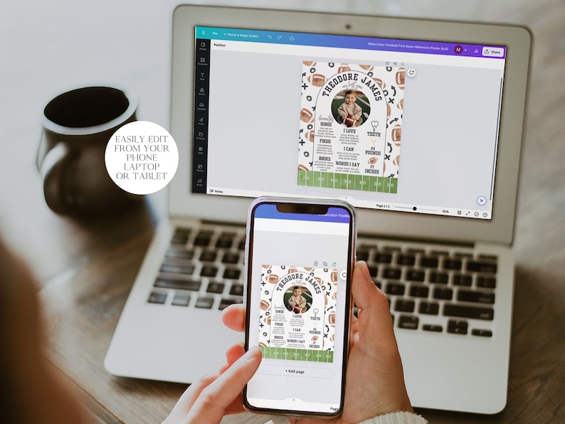 May include: A digital design template for a football-themed baby milestone card. The design features a brown and white football pattern, a photo frame, and text that says "Theodore James".