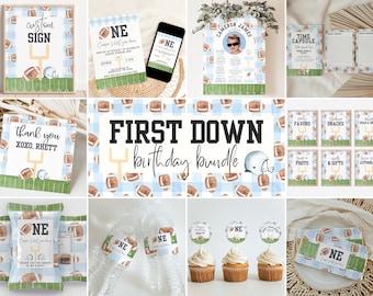 Blue Gingham First Year Down Football Birthday Party Bundle | First Birthday Bundle | Instant Download | A110