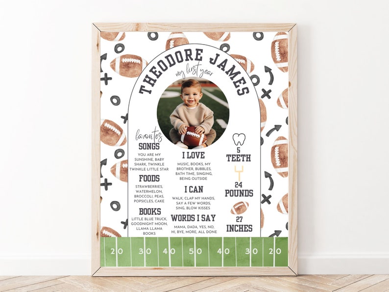 May include: A white and brown football-themed first birthday milestone poster with a photo of a baby boy. The poster includes the baby's name, Theodore James, and details about his first year, including his favorite songs, foods, books, and milestones like teeth, weight, and height.