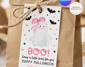 Printable Halloween Gift Tag Template, Boo Here's a Treat for You Pink Bow Ghost (2.5x3" Instant Download)