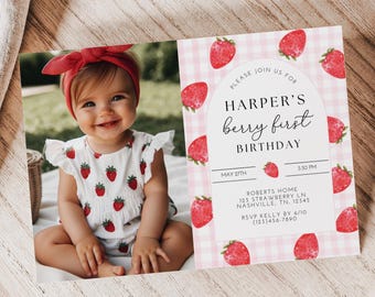 Berry First Birthday Invitation, Strawberry Birthday, Strawberry Invite, First Birthday, Berry 1st Birthday, Girl First Birthday, A165