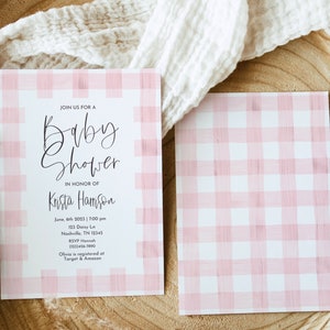 May include: Pink and white gingham baby shower invitation with the text "Join us for a baby shower in honor of Krista Harrison" and details for the event.