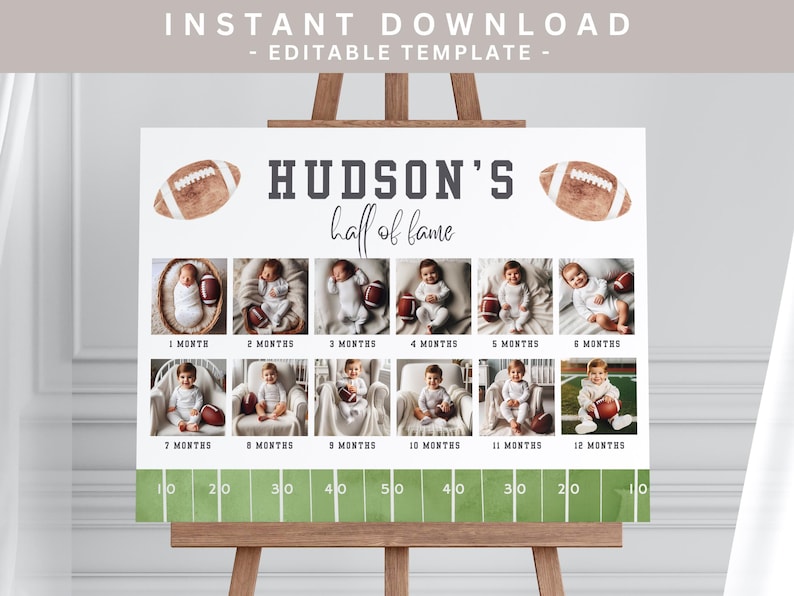 Puede incluir: Un letrero blanco sobre un caballete de madera con el texto "HUDSON'S half of fame". El letrero presenta una cuadr&iacute;cula de fotos de beb&eacute;s con un tema de f&uacute;tbol, incluyendo el texto "1 MES" a "12 MESES" y un gr&aacute;fico de campo de f&uacute;tbol.