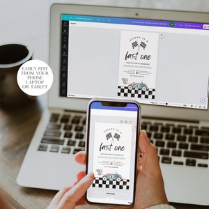 May include: A laptop computer screen shows a blue and white race car birthday invitation with the text "Rubber is a fast one" and "[Name]'s 1st Birthday". A cell phone screen shows the same invitation. The text "Easily edit from your phone, laptop or tablet" is visible on the laptop.