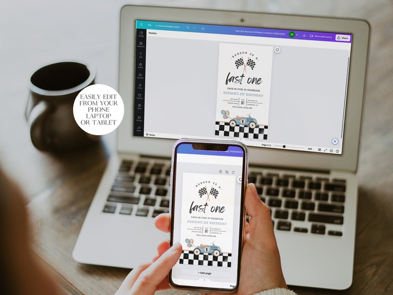 May include: A laptop computer screen shows a blue and white race car birthday invitation with the text "Rubber is a fast one" and "[Name]'s 1st Birthday". A cell phone screen shows the same invitation. The text "Easily edit from your phone, laptop or tablet" is visible on the laptop.
