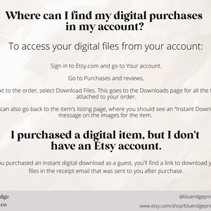 Peut inclure: Un graphique textuel avec des instructions sur la fa&ccedil;on de trouver des achats num&eacute;riques sur Etsy.com. Le graphique comprend le texte "O&ugrave; puis-je trouver mes achats num&eacute;riques dans mon compte ?" et "Pour acc&eacute;der &agrave; vos fichiers num&eacute;riques depuis votre compte : Connectez-vous &agrave; Etsy.com et allez &agrave; Votre compte. Allez &agrave; Achats et &eacute;valuations. &Agrave; c&ocirc;t&eacute; de la commande, s&eacute;lectionnez T&eacute;l&eacute;charger les fichiers. Cela vous am&egrave;ne &agrave; la page T&eacute;l&eacute;chargements pour tous les fichiers joints &agrave; votre commande. Vous pouvez &eacute;galement revenir &agrave; la page de l'article, o&ugrave; vous devriez voir un message "T&eacute;l&eacute;chargement instantan&eacute;" sur les images de l'article. J'ai achet&eacute; un article num&eacute;rique, mais je n'ai pas de compte Etsy. Si vous avez achet&eacute; un t&eacute;l&eacute;chargement num&eacute;rique instantan&eacute; en tant qu'invit&eacute;, vous trouverez un lien pour t&eacute;l&eacute;charger vos fichiers dans l'e-mail de r&eacute;ception qui vous a &eacute;t&eacute; envoy&eacute; apr&egrave;s l'achat."