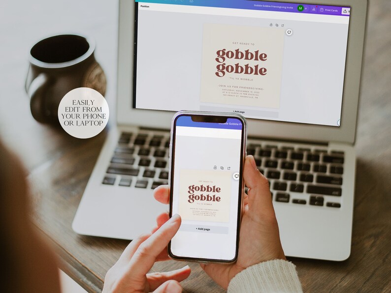 May include: A person using a laptop and a smartphone to edit a digital invitation with the text "Get Ready to Gobble Gobble". The invitation has a brown and white color scheme with a retro font.