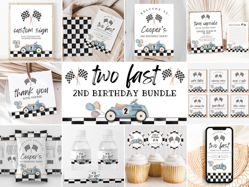 May include: A printable party bundle for a 2nd birthday with a race car theme. The bundle includes a welcome sign, thank you tags, cupcake toppers, water bottle labels, chip bag labels, and a time capsule sign. The design features a blue race car with checkered flags and balloons.