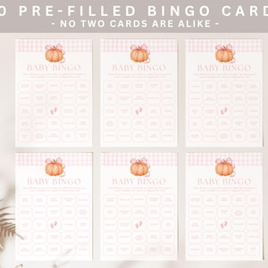 May include: Six pre-filled baby bingo cards. Each card features a pumpkin graphic with a bow and the words "Baby Bingo". The cards have a pink gingham top border and a grid of squares with baby-themed words.