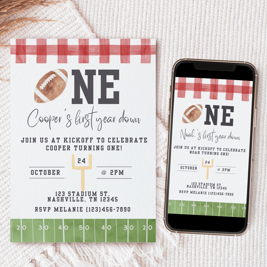 Red Gingham First Year Down Football Invitation, First Birthday Boy ...