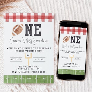 Red Gingham First Year Down Football Invitation, First Birthday Boy, Football Party, Football Birthday, A111
