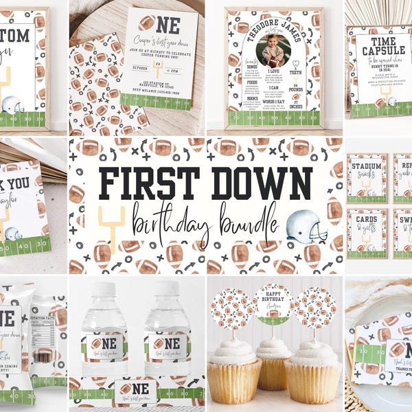Football Birthday, 1st Birthday Bundle, First Year Down, First Birthday, Football Party, Football Invitation, Instant Download, A101