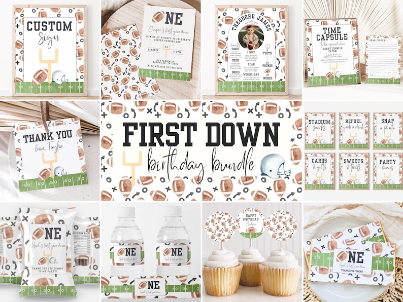 May include: A football-themed first birthday party printable bundle with a variety of items, including a custom sign, thank you tags, water bottle labels, cupcake toppers, and more. The design features brown and white footballs, green grass, and the text "First Down Birthday Bundle".