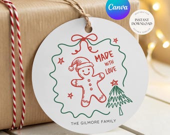 Made With Love handgetekende Gingerbread Man kerstcadeau labelsjabloon, afdrukbaar bestand, direct downloaden, bewerkbare sjabloon (2,5" rond)
