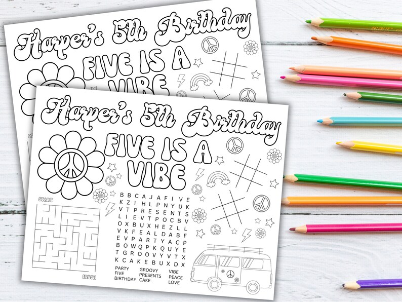 May include: A black and white printable coloring page with the text "Harper's 5th Birthday Five is a Vibe" and a variety of 70s themed graphics including peace signs, stars, rainbows, and a VW van. The page also includes a word search and a maze.
