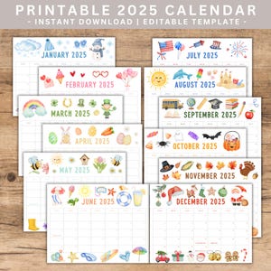 Printable Kids Calendar 2025, Kids Monthly Planner, Printable Calendar, 12 Month Calendar, Calendar Template, Homeschool Calendar