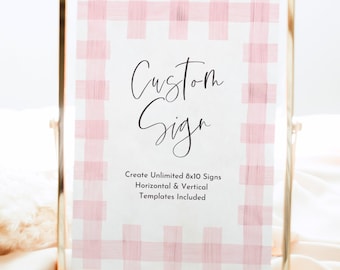 Puede incluir: Un cartel enmarcado con un patrón de cuadros rosa y blanco. El cartel dice "Custom Sign" y "Create Unlimited 8x10 Signs Horizontal & Vertical Templates Included".