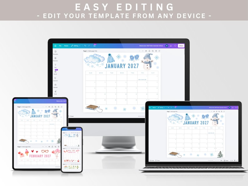 May include: A digital calendar template for January 2027, displayed on a computer monitor, tablet, laptop, and smartphone. The calendar features a winter theme with a snowman, snowflakes, and the text "January 2027". The words "Easy Editing" are at the top.