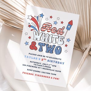 Red White And Two Birthday Invitation, 4th Of July Birthday, 2nd Birthday Invite, Independence Day Birthday, Patriotic Birthday, A169