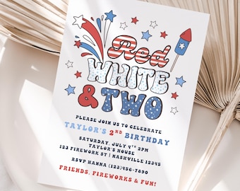 Red White And Two Birthday Invitation, 4th Of July Birthday, 2nd Birthday Invite, Independence Day Birthday, Patriotic Birthday, A189