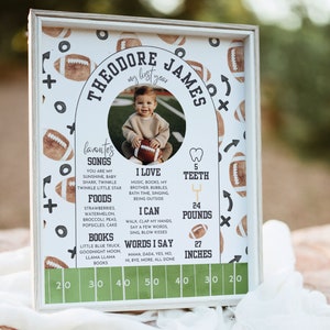 May include: A white framed print with a football theme. The print features a photo of a baby boy, along with a list of his favorite songs, foods, books, and things he can do. The print also includes his age, weight, and height. The text on the print reads "Theodore James, my first year".