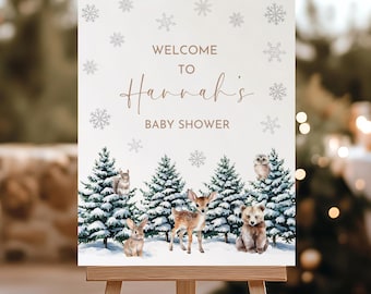 May include: Welcome to Hannah's Baby Shower sign with a winter woodland theme. The sign features a snowy forest scene with a deer, squirrel, owl, bear, and rabbit. The background is white with silver snowflakes.