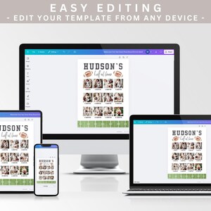 Puede incluir: Una plantilla digital que se muestra en varios dispositivos, incluyendo un monitor de ordenador, una tableta, un smartphone y un port&aacute;til. La plantilla presenta un tema de f&uacute;tbol con el texto "HUDSON'S half of love" y una cuadr&iacute;cula de fotos. El texto "EASY EDITING - EDIT YOUR TEMPLATE FROM ANY DEVICE" est&aacute; en la parte superior.