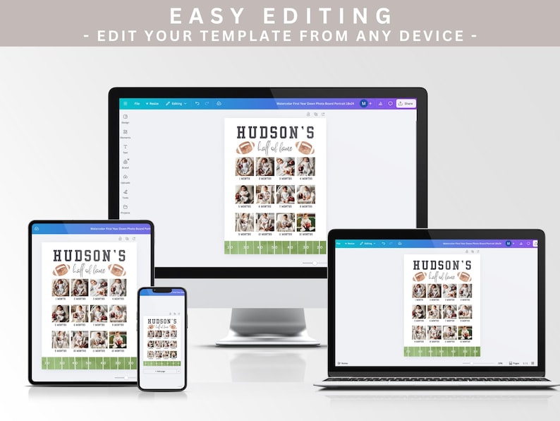 Puede incluir: Una plantilla digital que se muestra en varios dispositivos, incluyendo un monitor de ordenador, una tableta, un smartphone y un port&aacute;til. La plantilla presenta un tema de f&uacute;tbol con el texto "HUDSON'S half of love" y una cuadr&iacute;cula de fotos. El texto "EASY EDITING - EDIT YOUR TEMPLATE FROM ANY DEVICE" est&aacute; en la parte superior.