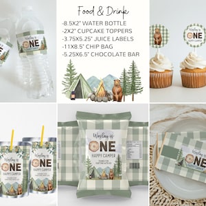 May include: A set of printable party decorations for a first birthday with a woodland camping theme. The set includes labels for water bottles, juice boxes, cupcake toppers, crisp bags, and chocolate bars. The labels feature a brown bear, a green tent, and a campfire with the text "Wesley is One Happy Camper".