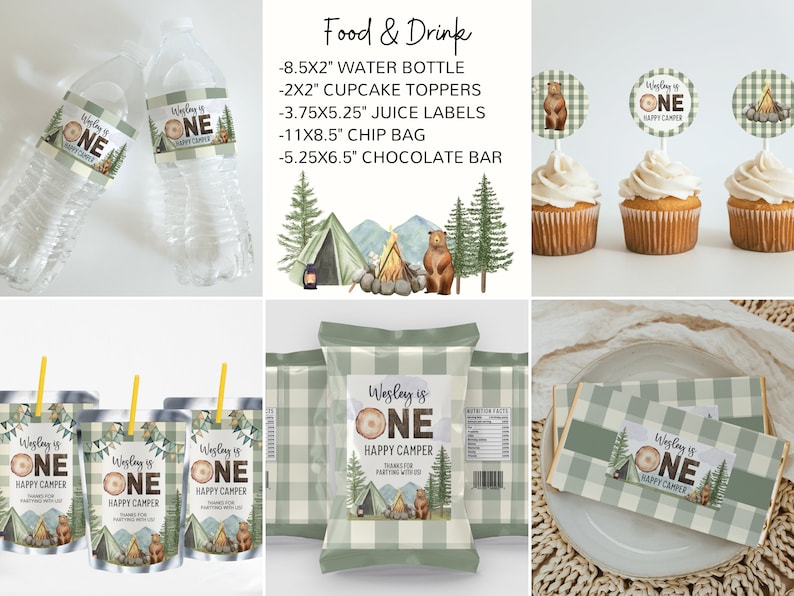 May include: A set of printable party decorations for a first birthday with a woodland camping theme. The set includes labels for water bottles, juice boxes, cupcake toppers, crisp bags, and chocolate bars. The labels feature a brown bear, a green tent, and a campfire with the text "Wesley is One Happy Camper".