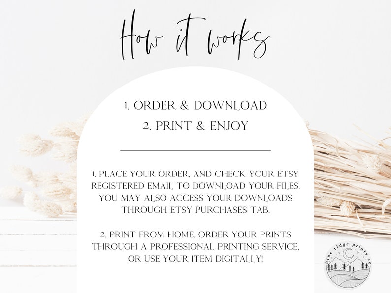 May include: A white background with a text overlay explaining how to order and download digital printable files. The text reads "How it works", "1. Order & Download", "2. Print & Enjoy", "1. Place your order, and check your Etsy registered email to download your files. You may also access your downloads through Etsy purchases tab.", "2. Print from home, order your prints through a professional printing service, or use your item digitally!" and a logo with the text "Blue Ridge Prints Co."