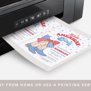 May include: Printable invitation for a 1st birthday party with a red, white, and blue color scheme. The invitation features a girl wearing blue boots and a red, white, and blue bow. The text on the invitation reads "All American Girly" and "Please join us for Hannah's 1st Birthday Party".