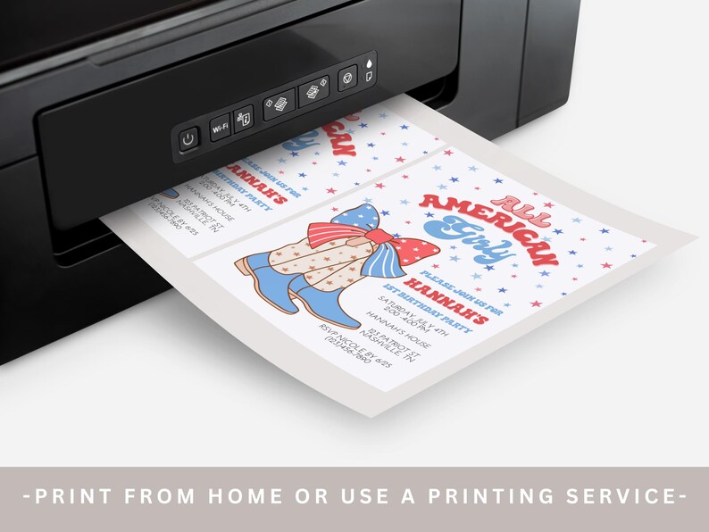 May include: Printable invitation for a 1st birthday party with a red, white, and blue color scheme. The invitation features a girl wearing blue boots and a red, white, and blue bow. The text on the invitation reads "All American Girly" and "Please join us for Hannah's 1st Birthday Party".