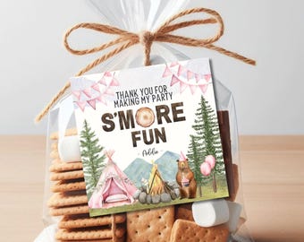 Printable Smores Tag, Pink One Happy Camper Favor Tag, Instant Download, Camping Birthday, Girl 1st Birthday, A127